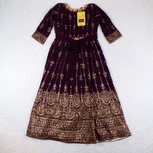 White Button Wine Foil Print Embroidery Girls Size 26 Purple Gown Dress